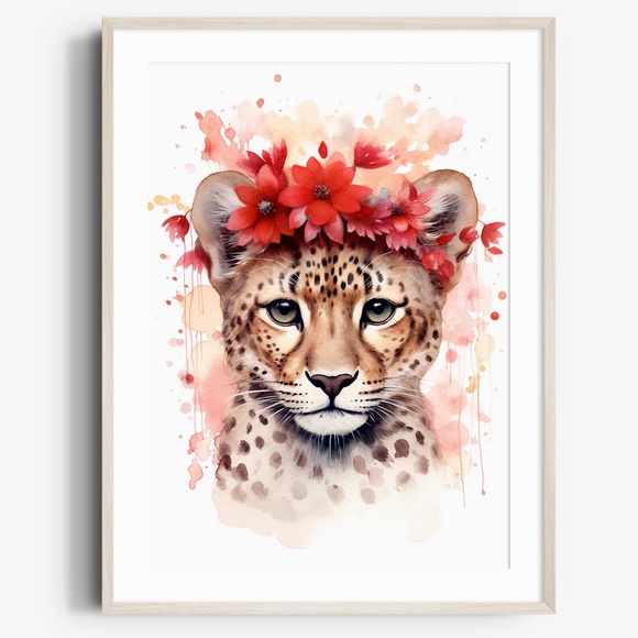 Other - Watercolor Leopard With Flowers Portrait Wall Art Illustration Print Unframed